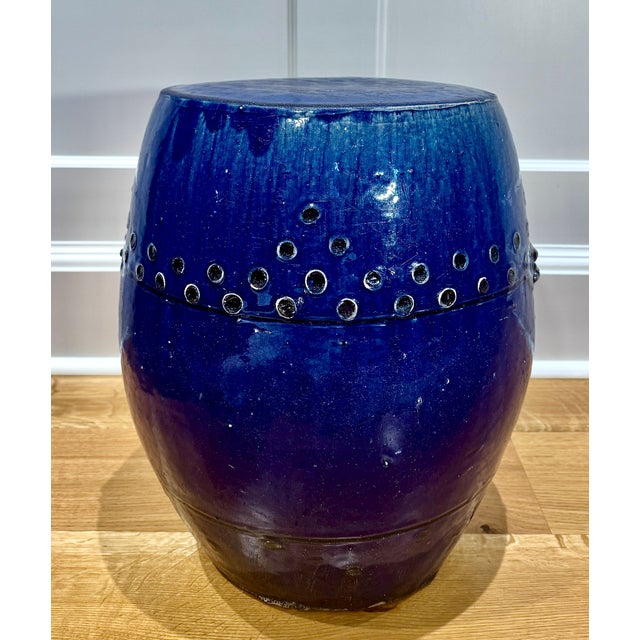 Chinoiserie Antique Chinese Export Cobalt Blue Glazed Garden Stool, Mask Handles For Sale - Image 3 of 12