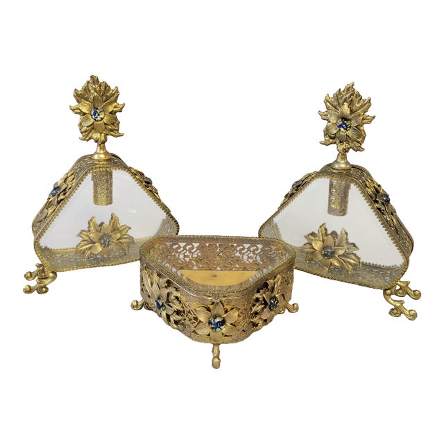 French Art Nouveau Gilt Bronze Perfume Set With 10" Bottles and Covered Box, c.1900 For Sale
