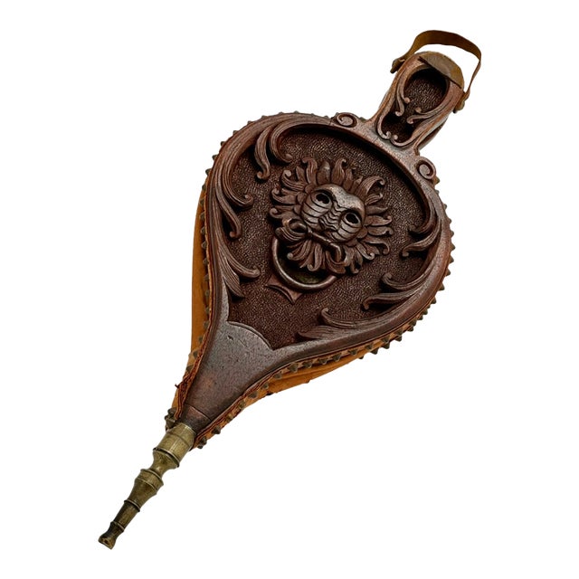 Fine Antique Hand Carved Walnut Black Forest Fireplace Bellows Northwind For Sale