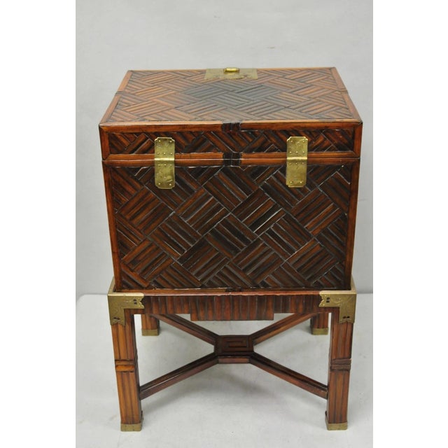 Late 20th Century Furniture Classics LTD Chinese Teak & Bamboo Campaign Chest Side Table on Stand For Sale - Image 14 of 18