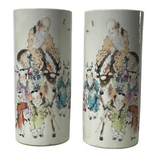 Pair of Early 20th Century Chinese Porcelain Hat Stands With Calligraphy Inscriptions For Sale