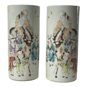 Pair of Early 20th Century Chinese Porcelain Hat Stands With Calligraphy Inscriptions