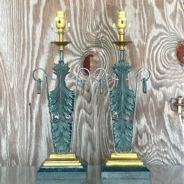 Vintage Boho Maitland Smith Patinated Fleur De Lys Lamps - a Pair For Sale - Image 9 of 13