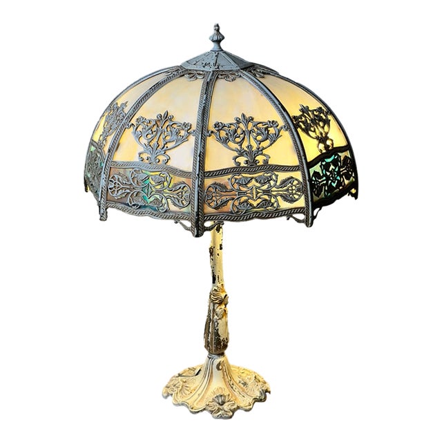 Vintage Art Nouveau Slag Glass Two-Light Table Lamp, C. 1935–1955 For Sale
