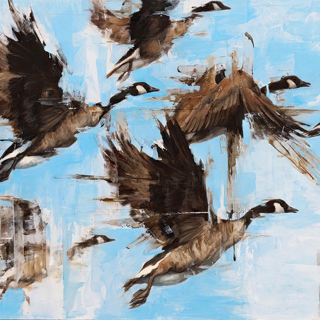 This artwork features a dynamic composition of geese in flight against a bright blue sky, capturing the essence of...
