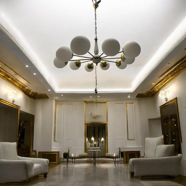 White opaline glass brass sputnik chandelier 10 lights features 10 lights opaline glass center piece width 93 cm height...