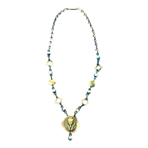 Vintage Egyptian Revival Teal Turquoise Green and Tan Celluloid Necklace