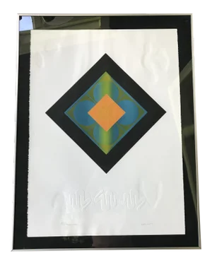 Mid-Century Modern Carlos Davila Geometric Embossed Serigraph Print, Framed