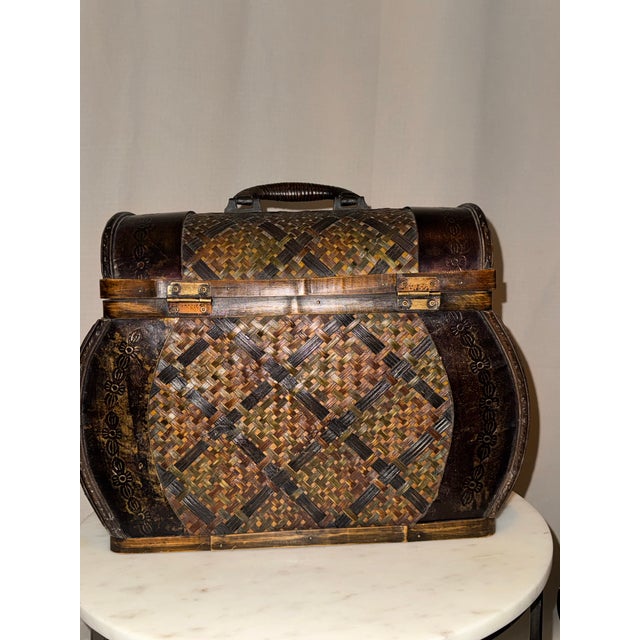 Vintage Boho Chic Woven Bamboo and Mixed Wood Domed Keeper Box Trunk For Sale - Image 6 of 12