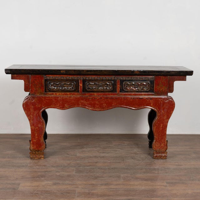 Chinese 19th Century Chinese Red Altar Console Table With Carved Drawers For Sale - Image 3 of 18