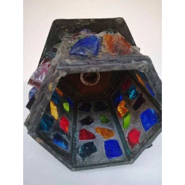 English Arts & Crafts Glass, Lead & Hammered Sheet Metal Porch Lantern by Peter Marsh, 1950s For Sale - Image 16 of 18