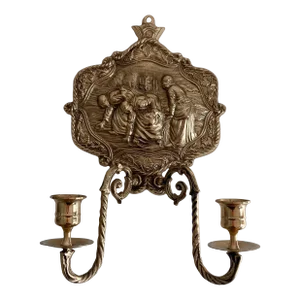 1960s-70s Fritz Brass Solid Brass Wall Sconce 2 Arm Light, Peasant Women Working in Field Scene Made in Korea