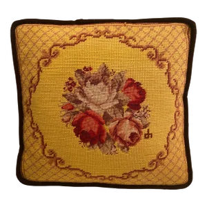 Vintage Floral Needlepoint Pillow With Roses