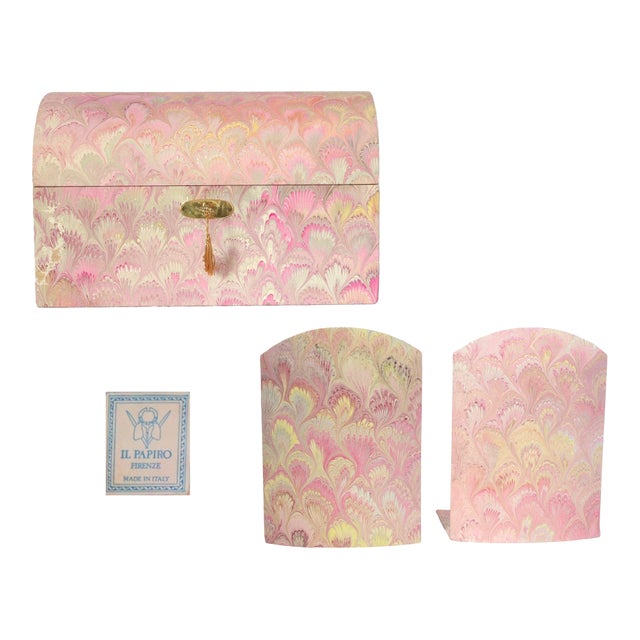 Il Papiro Firenze Marbled Desk Set with Box and Bookends For Sale