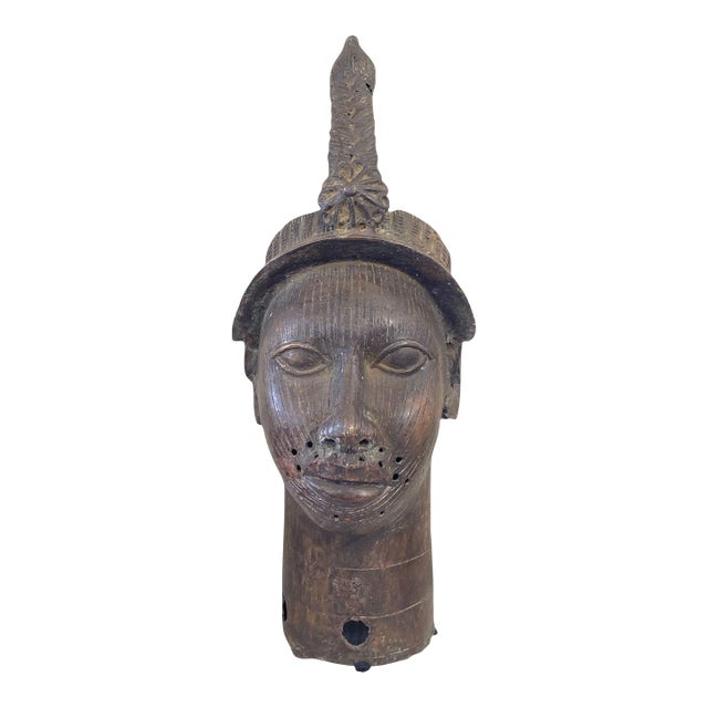 Large Vintage Benin Bronze Head of a King Oba Nigeria African 21.5" H For Sale