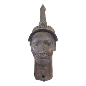 Large Vintage Benin Bronze Head of a King Oba Nigeria African 21.5" H