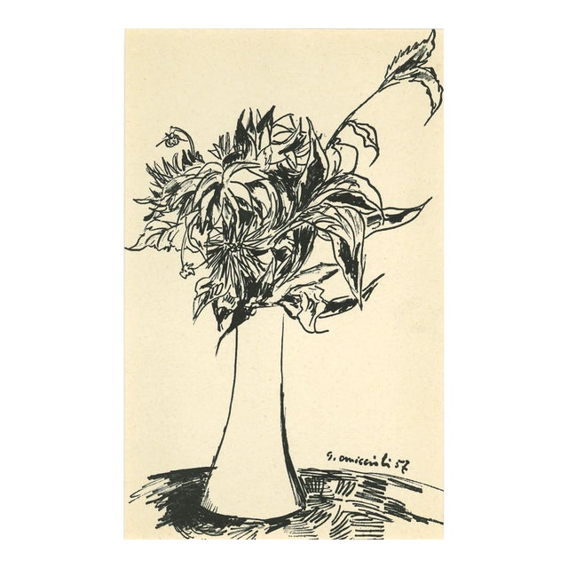 Vase of Flowers Drawing in Pen by Giovanni Omiccioli, 1957 For Sale