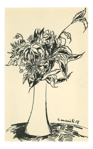 Vase of Flowers Drawing in Pen by Giovanni Omiccioli, 1957