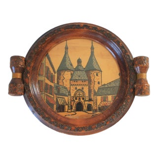 Vintage Folk Art Wood Inlaid Marquetry Tray For Sale