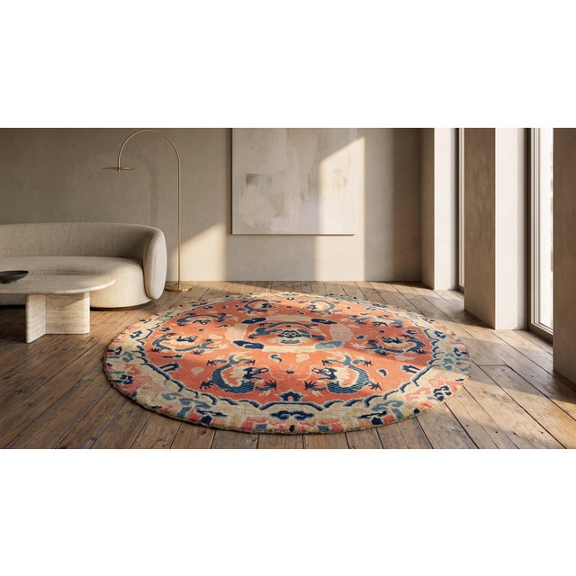 19th Century Wonderful Orange Salmon Background With Special Dragon Design Antique Ningxia Round Rug For Sale - Image 5 of 7
