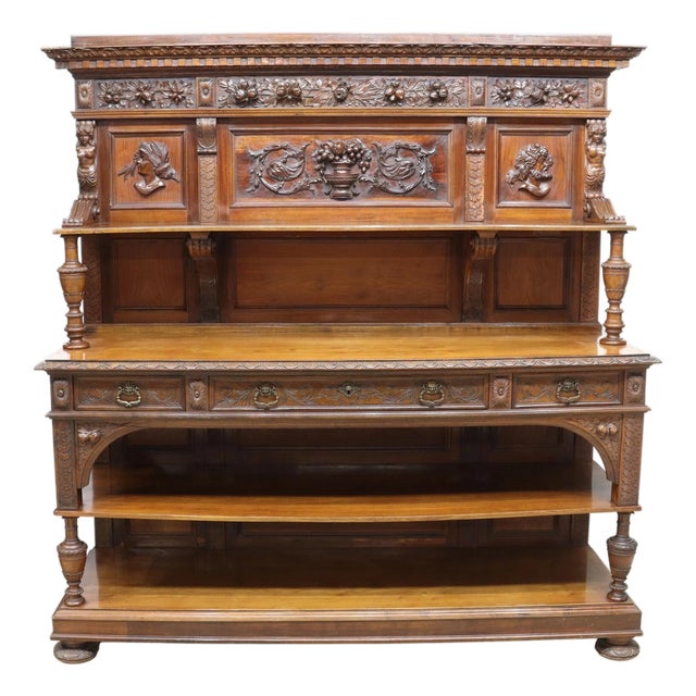 Early 1900s Antique Renaissance Revival Well-Carved Sideboard For Sale