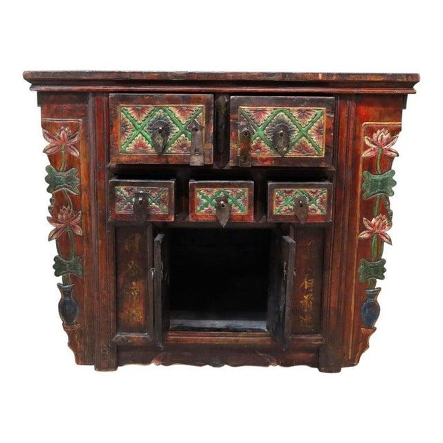 Antique Tibetan Floral Polychromed & Carved Rosewood Tea Cabinet C1890 For Sale - Image 12 of 15