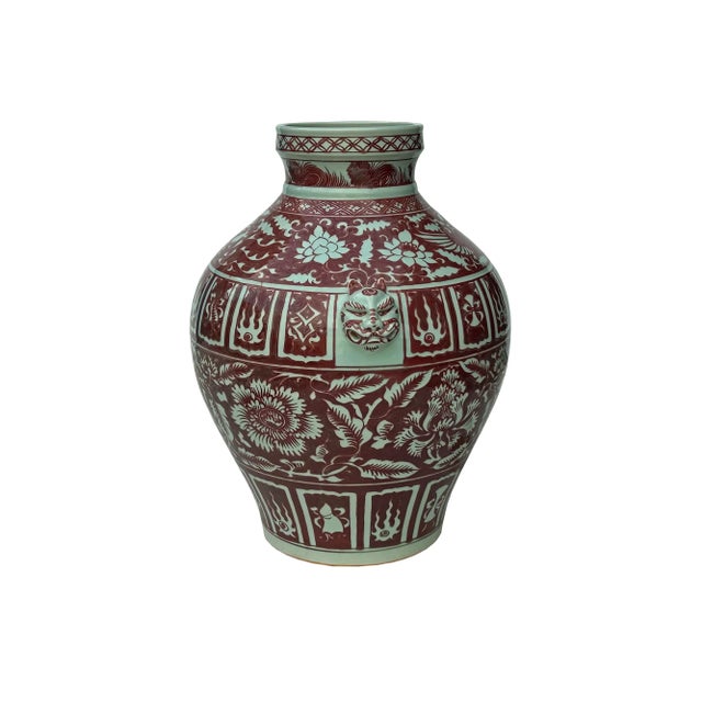 1980s Vintage Copper Red Phoenix Flower Graphic Foo Dog Ear Ceramic Fat Pot Vase For Sale - Image 5 of 11