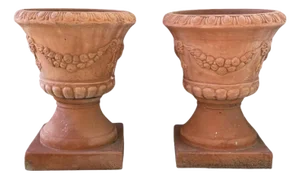 Vintage Large Neoclassical Terra Cotta Urn Planters / Terra Cotta Garden Pots, a Pair