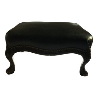 1930s Black Leather Ottoman With Brass Studs and Mahogany Louis XV Legs For Sale