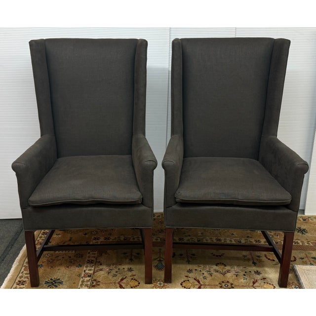 Design Plus Gallery presents a Pair of Delaware Host Chairs by Hickory Chair for Henredon. Each chair has a tall wingback...