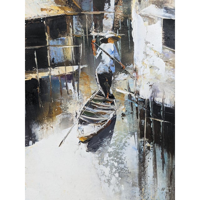 Mid-Century Modern Mid 20th Century Attributed to Trần Quang Hiếu, Signed Vietnamese Stilt Village Oil Painting For Sale - Image 3 of 18