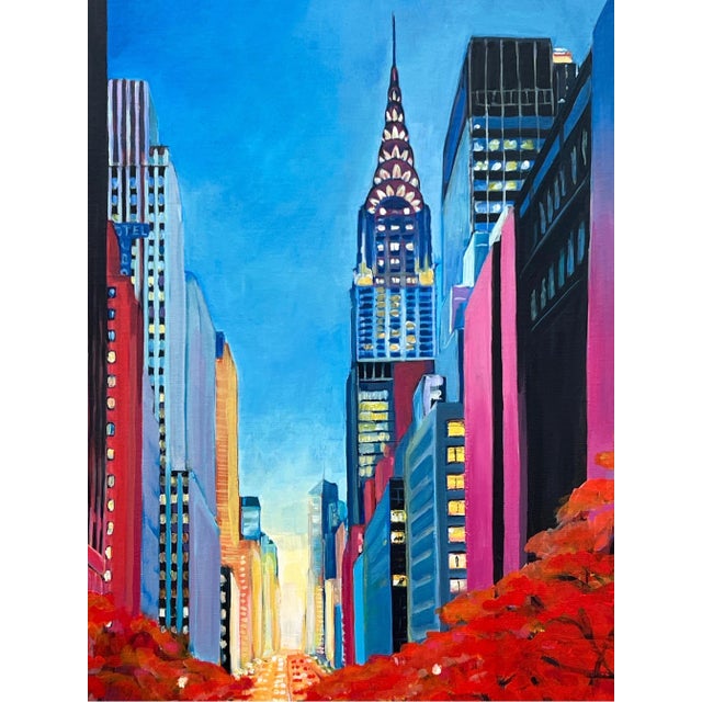 Painting of the Chrysler Building 42nd Street New York City Using Blue Reds Yellows Purples For Sale - Image 12 of 12