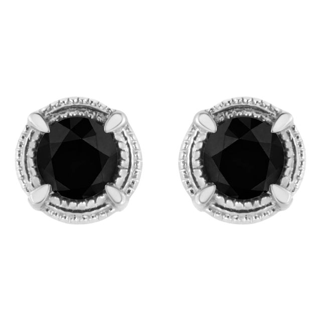 .925 Sterling Silver 1 cttw Treated Black Diamond Modern 4-Prong Solitaire Milgrain Stud Earrings (Black Color, I1-I2 Clarity) - 2 Pieces For Sale