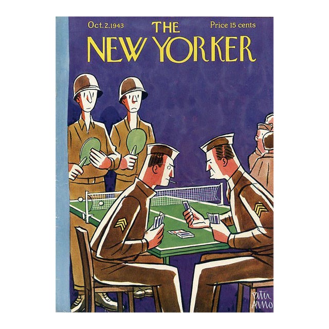 1943 Vintage New Yorker Cover, October 2, Peter Arno Illustration, Army, Card Game For Sale