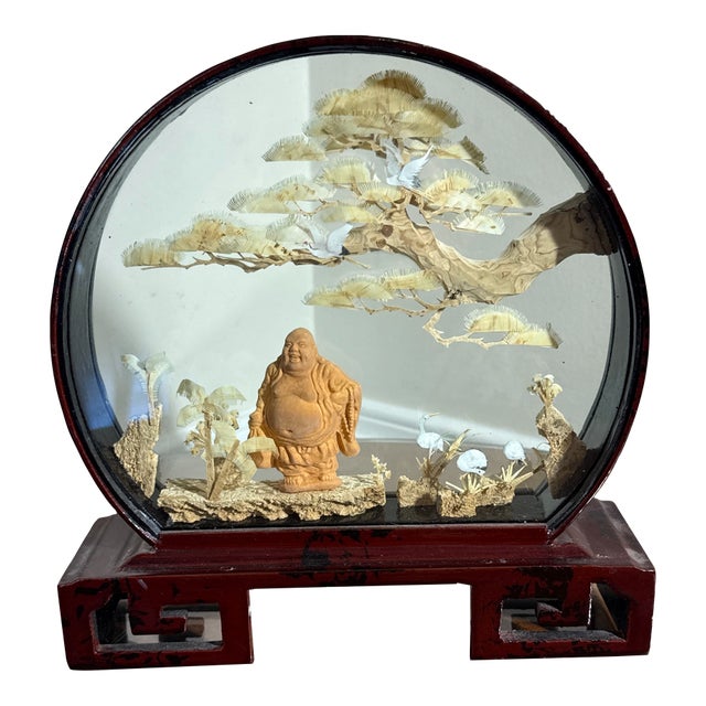 Vintage Asian Hand Carved Stork Scene in Round Glass Display Shadow Box For Sale