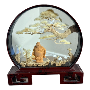 Vintage Asian Hand Carved Stork Scene in Round Glass Display Shadow Box
