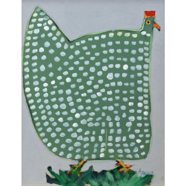 Farmhouse Original Green Folk Art Chicken Hen Painting by Ruth Arenz Including the Antiqued Gold Wood Fame For Sale - Image 3 of 5