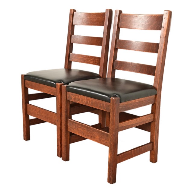 L. & J. G. Stickley Antique Mission Oak Arts & Crafts Ladder Back Side Chairs or Dining Chairs, Pair For Sale