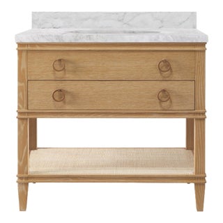 Matthew Izzo Home Cutler Cerused Oak Two Drawer, Single Sink Bath Vanity W/Carrara Marble Top, Open Cane Shelf, and Brass Hardware For Sale