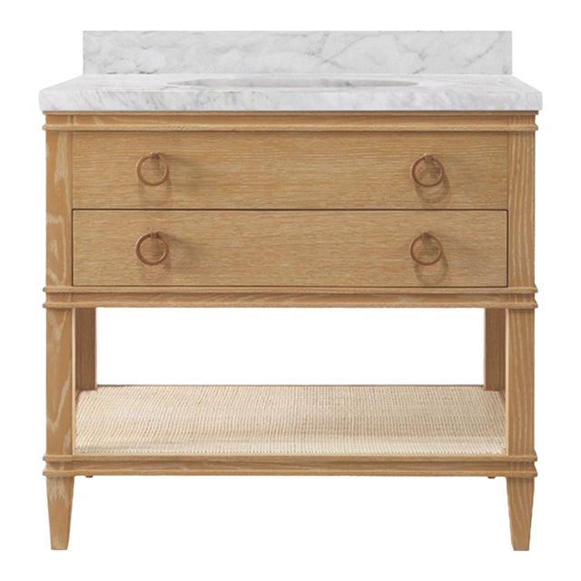 Matthew Izzo Home Cutler Cerused Oak Two Drawer, Single Sink Bath Vanity W/Carrara Marble Top, Open Cane Shelf, and Brass Hardware For Sale