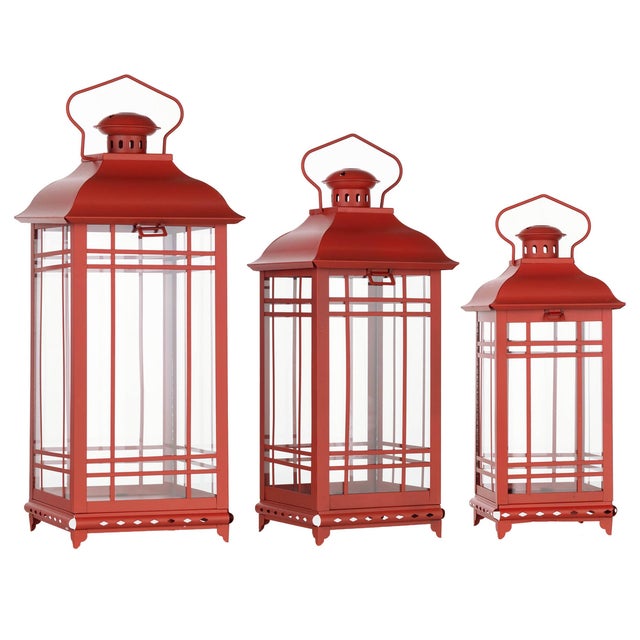 2020s Traditional Red Metal Lantern (Set of 3) For Sale - Image 5 of 9