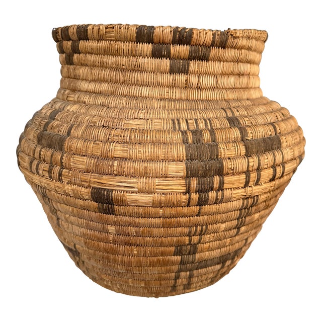 20thC 17” Polychrome Pima Akimel Oodham in the Style of Native American Olla Basket Dual Register Human & Deer Motif Willow Devils Claw and Yucca Root For Sale