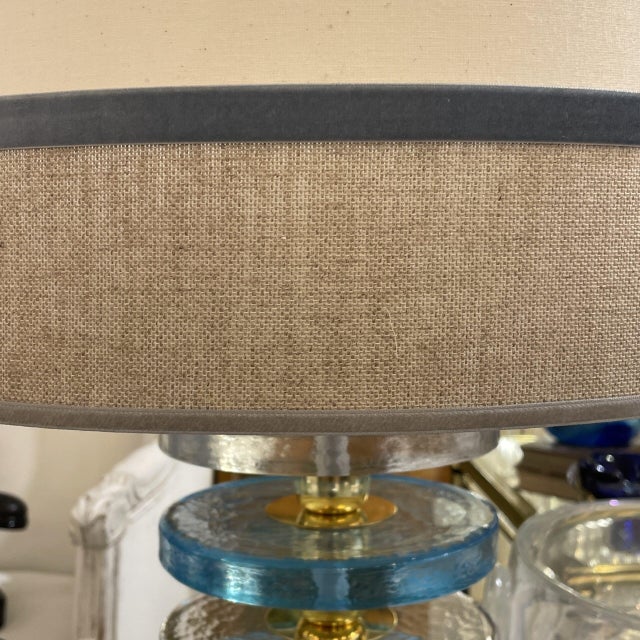 Vintage Blue and Clear Murano Glass Disc Table Lamps, Set of 2 For Sale - Image 4 of 6