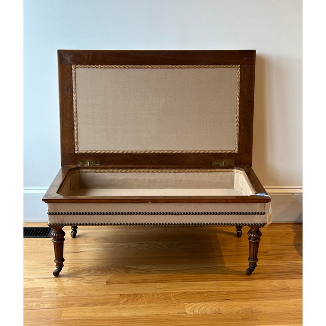 Antique English Tufted Storage Bench on Fluted Legs With Casters For Sale In New York - Image 6 of 8