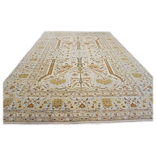 21st Century Sultanabad 10x14 Ivory, Tan, Green & Light Blue Handmade Area Rug #9902700 For Sale - Image 4 of 7