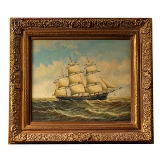 Early 20th Century Ship at Sea | Large Format Framed Oil Painting, Signed For Sale