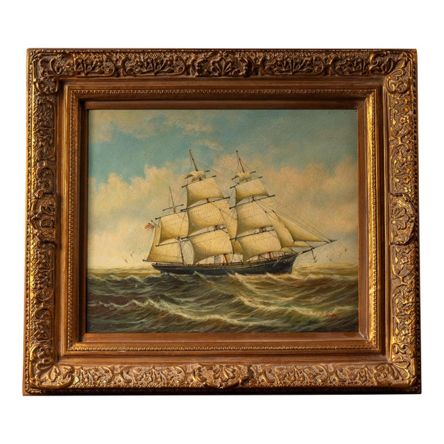 Early 20th Century Ship at Sea | Large Format Framed Oil Painting, Signed For Sale