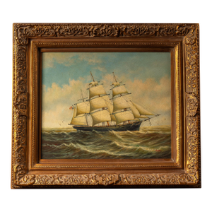Early 20th Century Ship at Sea | Large Format Framed Oil Painting, Signed