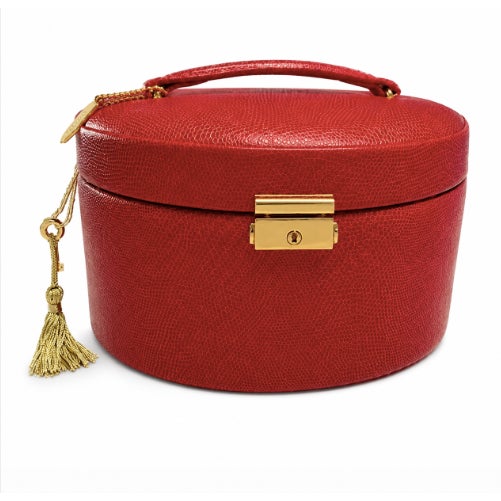 A brand-new vintage WOLF leather jewelry box in pebbled red, featuring a gold lock, anti-tarnish lining, interior mirror,...