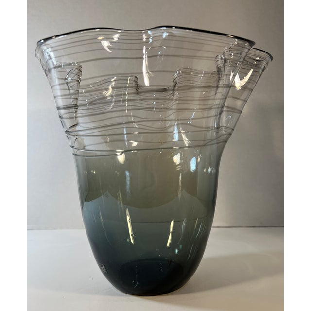 Casamotion Smokey Gray Art Glass Vase With Swirl Design and Ruffled Lip For Sale In New York - Image 6 of 12